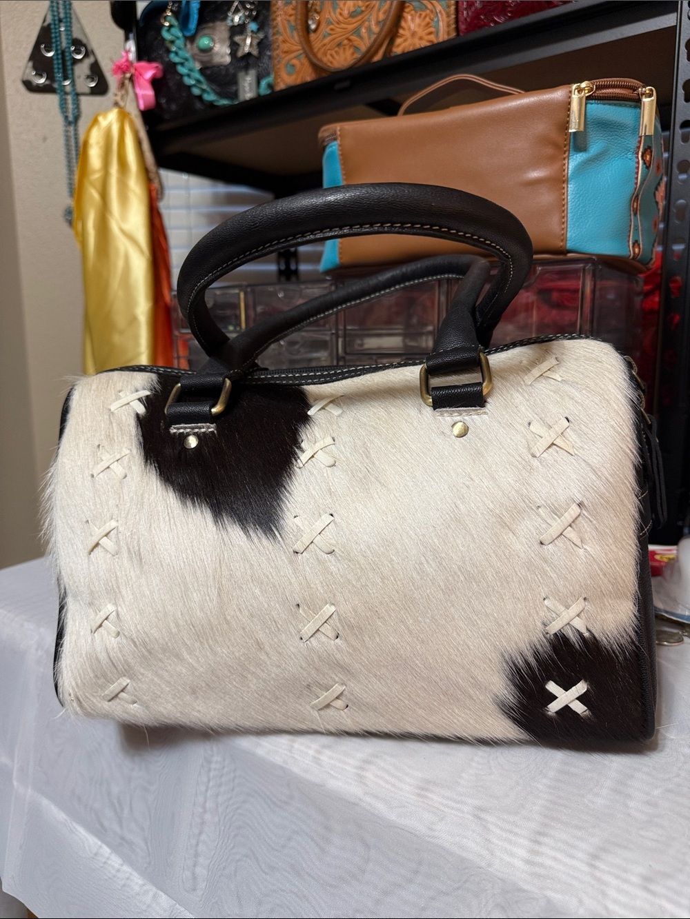 Frontier Black & Cream Cowhide Leather Satchel Handbag with crossbody
